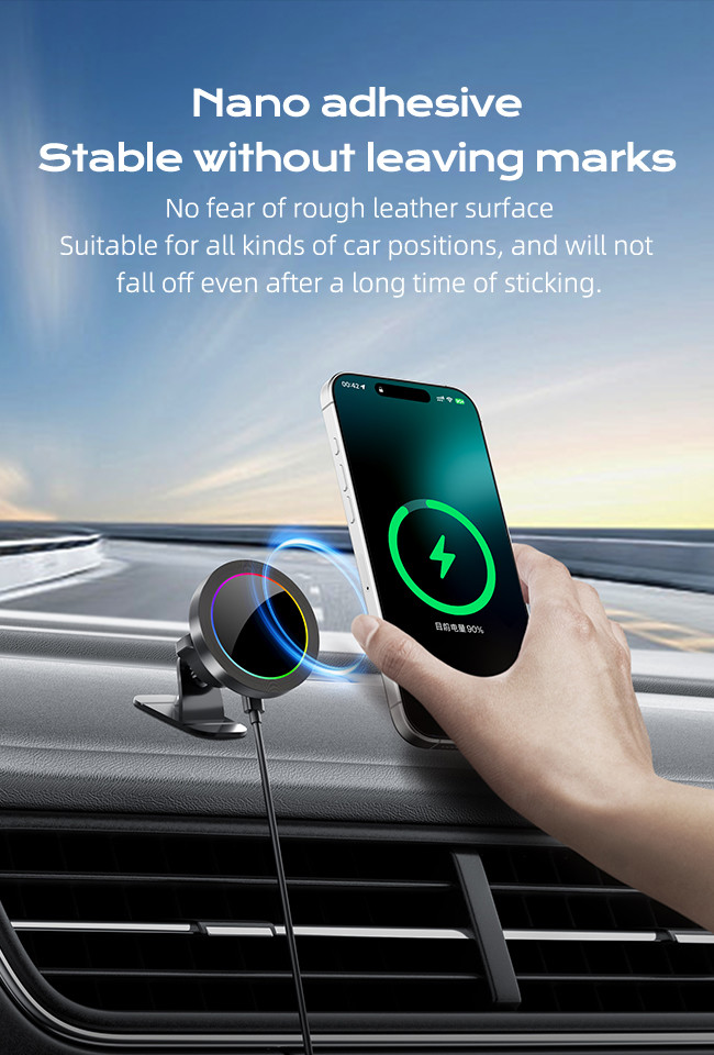 Aluminium Alloy Texture RGB Light Effect Adjustable Magsafe Wireless Charger For Car Phone Holder Fast Charging One Hand Operation