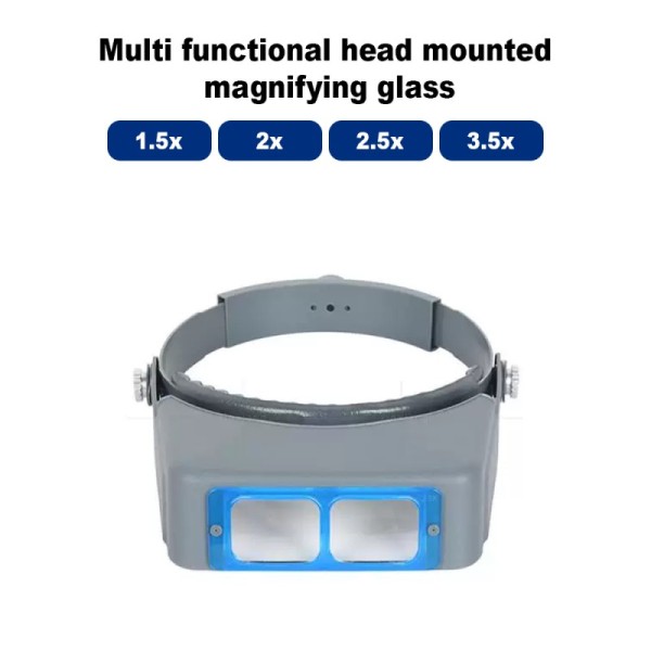 Head mounted magnifying glass with 2x magnification for hands-free operation and lightweight design
