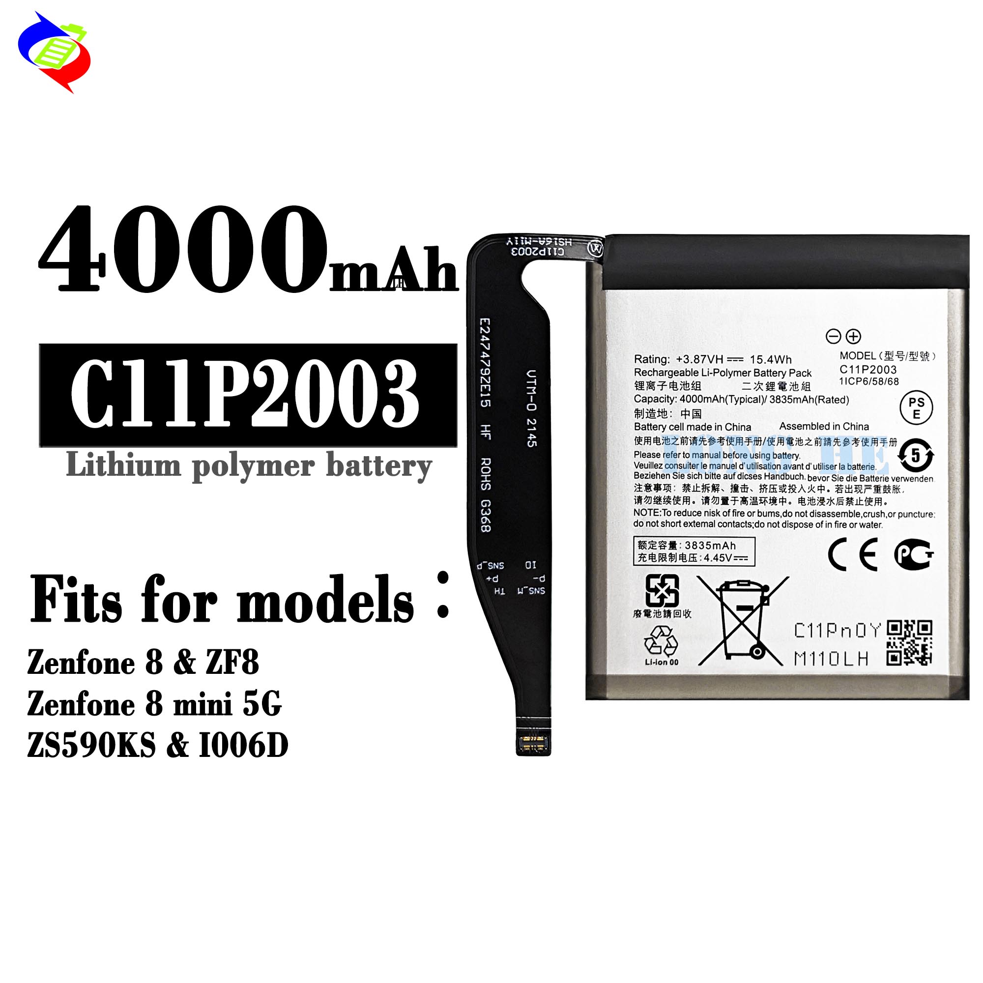 White Battery C11P2003 for Asus Zenfone 8 ZF8 Mini 5G ZS590KS I006D Capacity 4000mAh