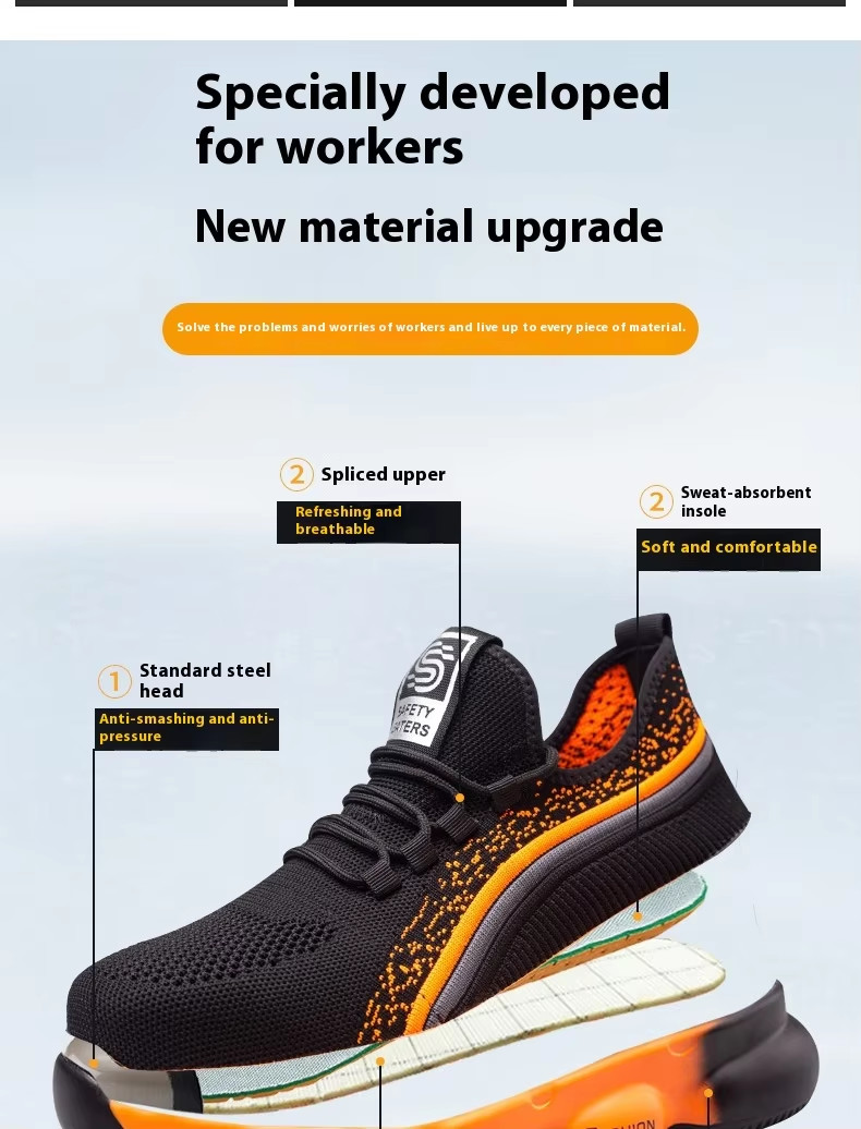Black Comfortable Kevlar Mid Sole Anti-stab Work Shoes With Steel Toe Breathable Flying Knit