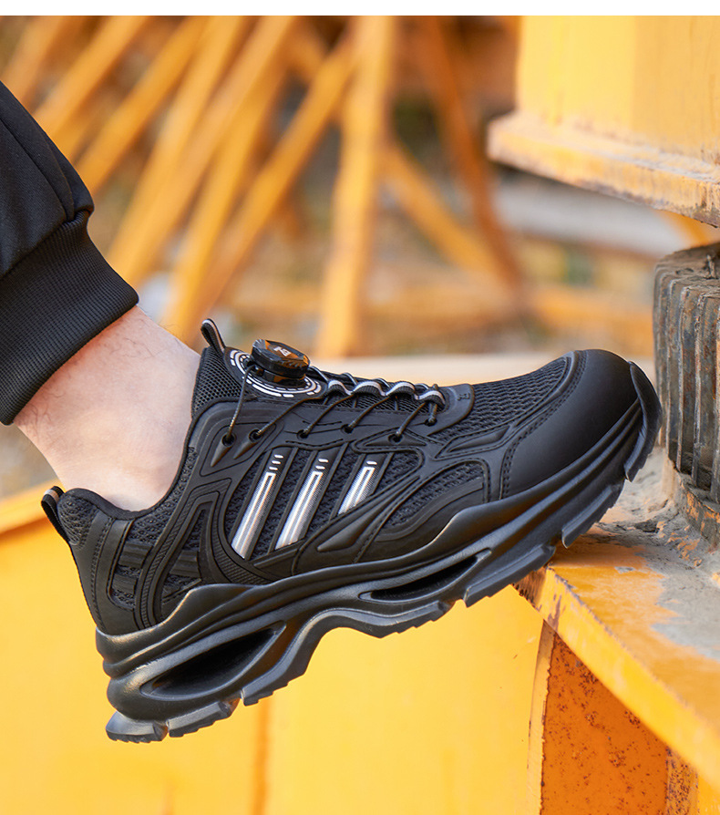 Kevlar Mid Sole Anti-stab Steel Toe Anti-smash BOA Rotating Button KPU Flying Knit Work Shoes In Black
