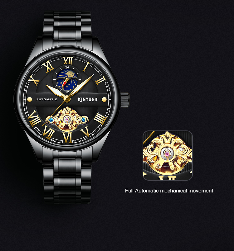 KINYUED luminous moon phase luxury black watch tourbillon automatic mechanical watch for men