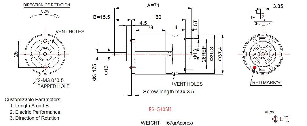 35.8mm High Torque Electric Motor , 12v 24v RS 550 DC Motor With Metal Brush