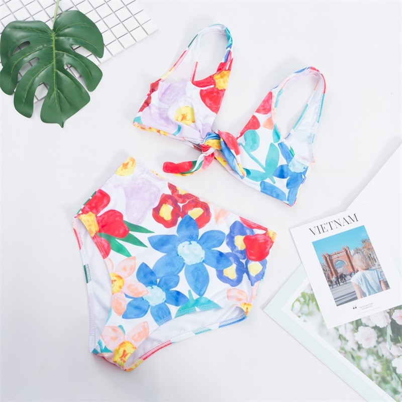 push up bathing suits Tie a Knot Two-piece Bathing Suit Bikini With Flower Print High Waist Swimsuit