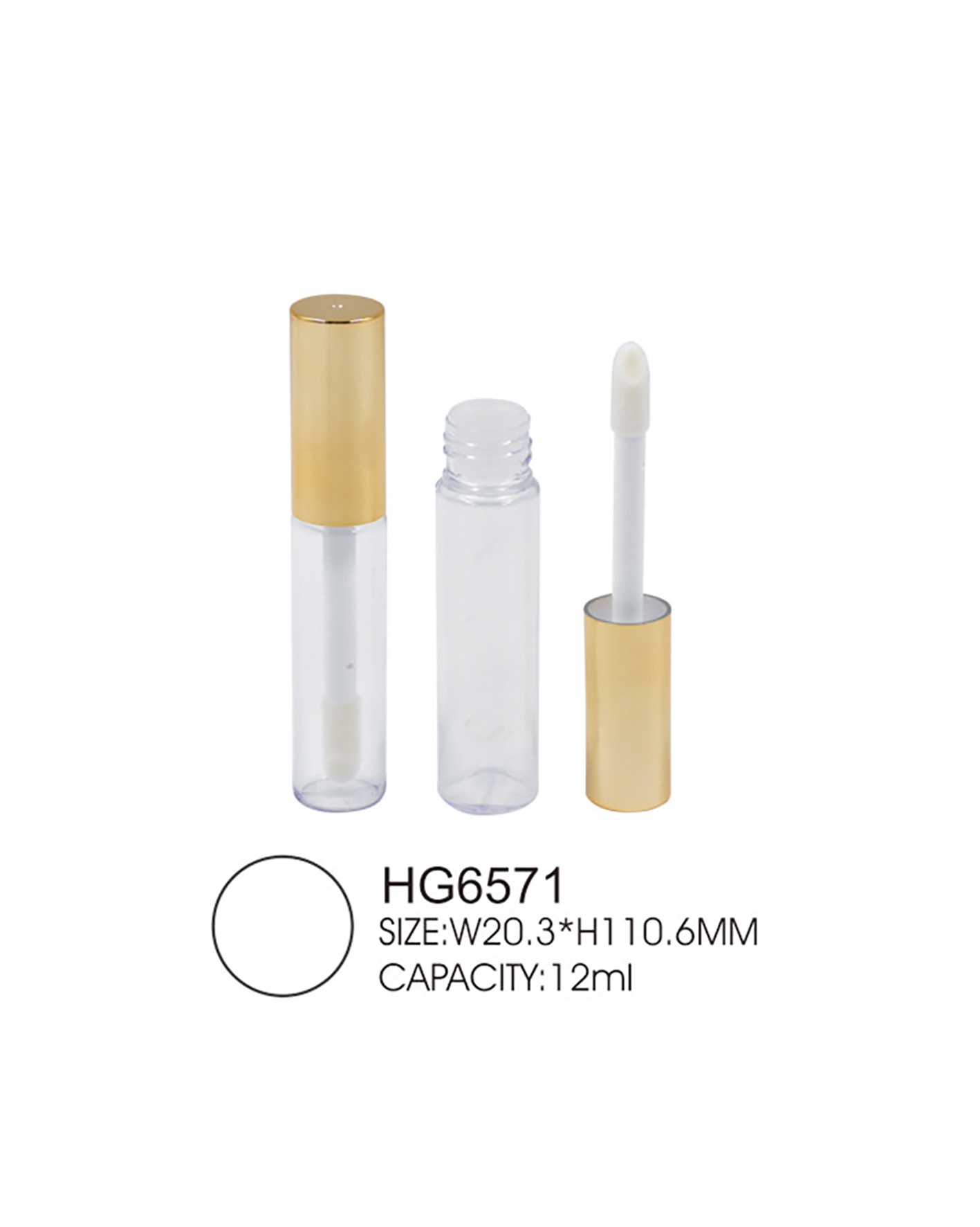 Round Clear PET 10ml Empty Lip Gloss Bottle With Gold Aluminum Cap Brush