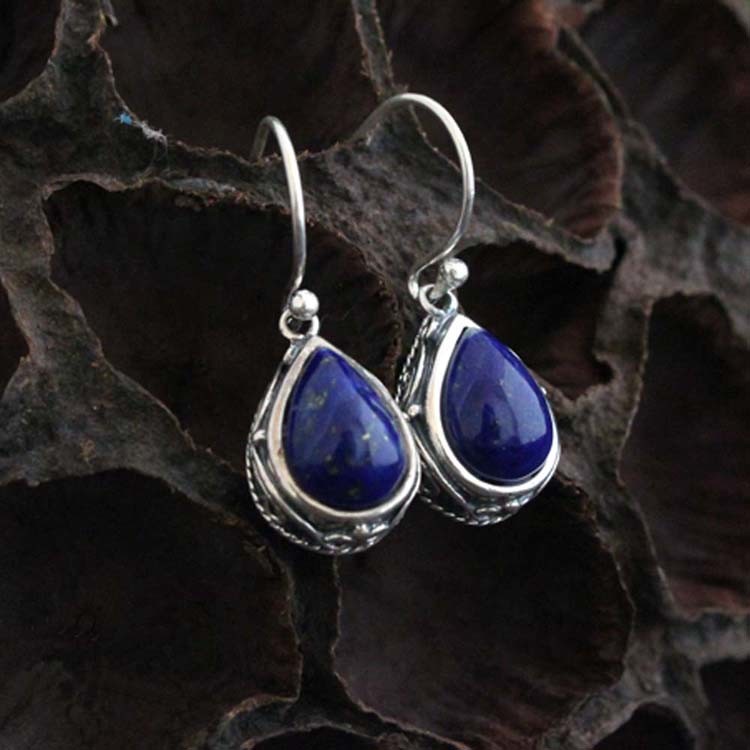 Thai Sterling Silver Natural Lapis Lazuli Drop Dangel Retro Earrings (043143W)