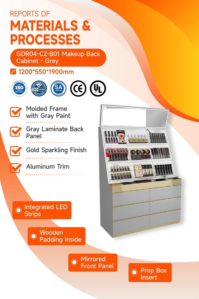 GDR04-CZ-B01 Makeup Display Rack With Reflective Surface And Luxury Branding Integration For Airport Duty-Free Zones