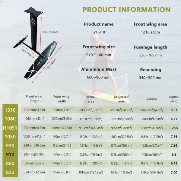 GY910 Hydrofoil Aluminum Carbon Mast Wingfoil Kte Pumping Wave Wing Hydrofoil