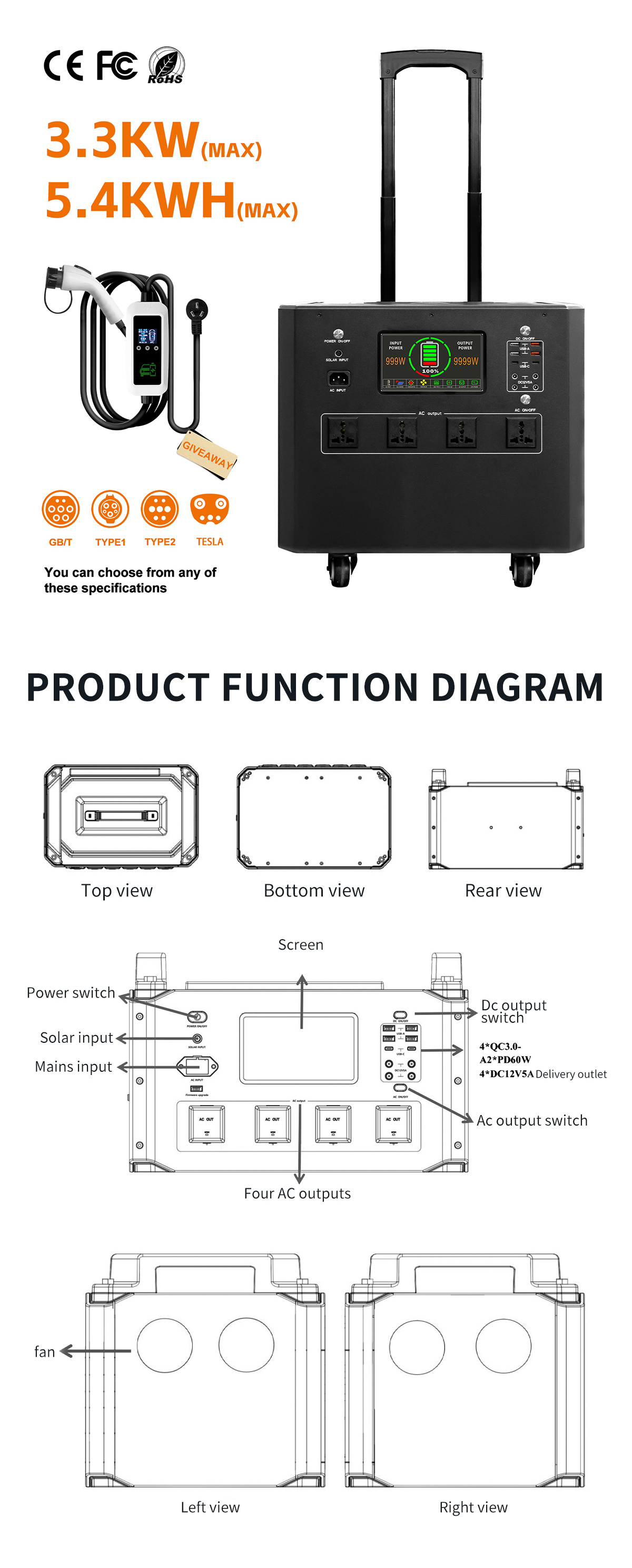 5376WH Mobile Charger For Charging Stations 3.3KW Output Universal Plug GBT TYPE1 TYPE2 Tesla
