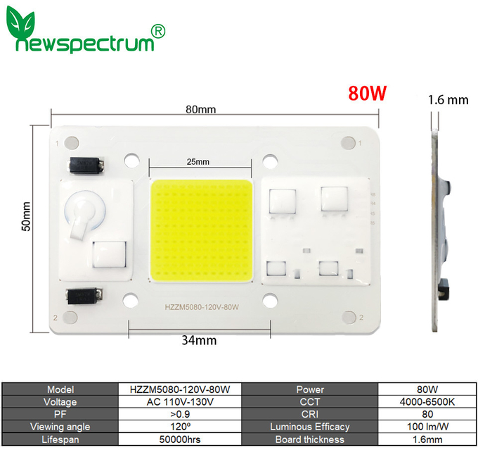 Custom Power AC COB LED Grow Chip 80W For Flower Seedling Plant Light