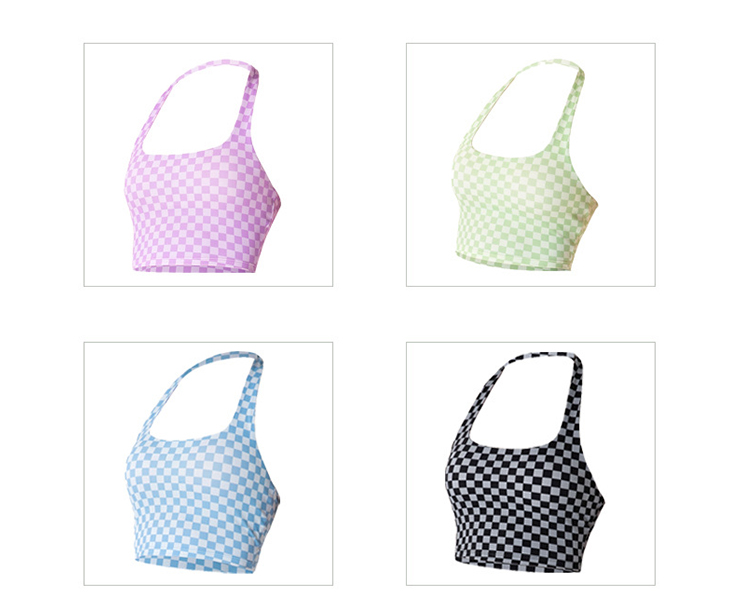 Spring Plaid Hanging Neck Womens Sports Bra Fitness Yoga Vest