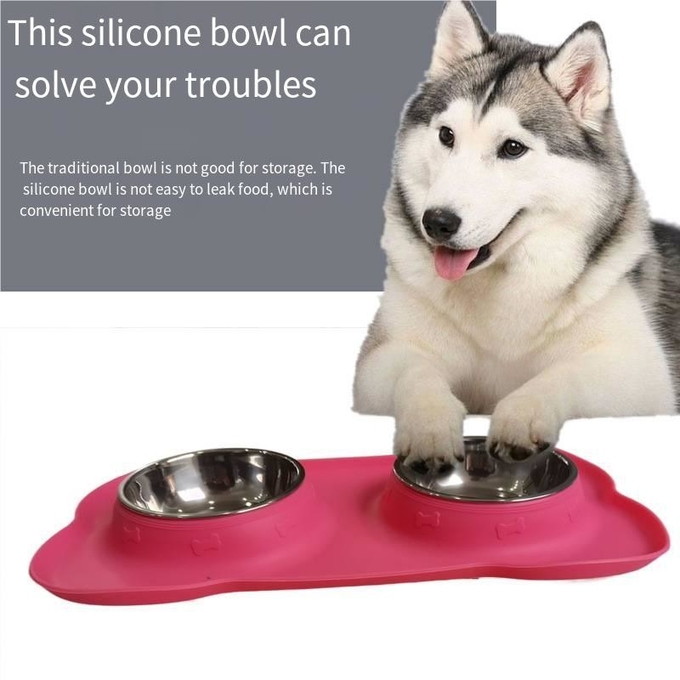 Pet Silicone Anti Spill Bowl Dog Stainless Steel Eating And Drinking Double Bowl