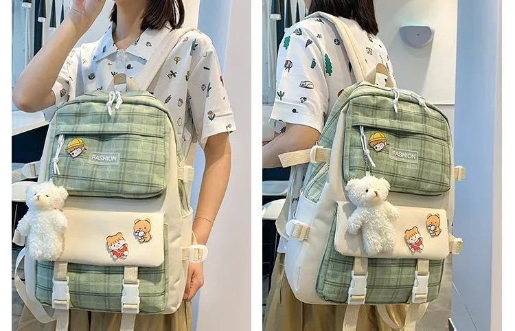 42cm Student School Backpack Sets Lovely Grid Printing 5 Pieces Backpack