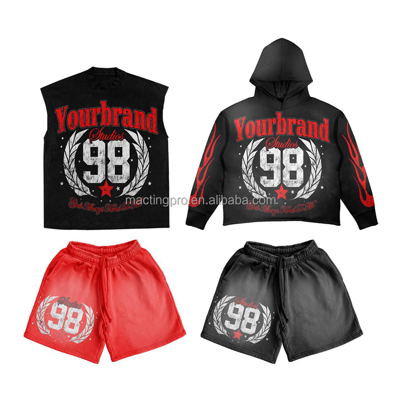 Custom Logo Acid Wash Hoodies Sweat Shorts Black Crop Top and Sleeveless Tank Top Set