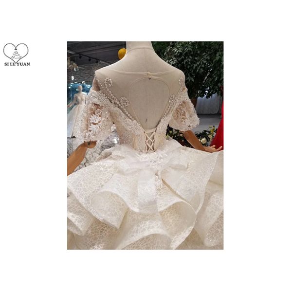 Female Princess Grace Wedding Dress Half Sleeve Beaded Net Three Layer Lace Tail