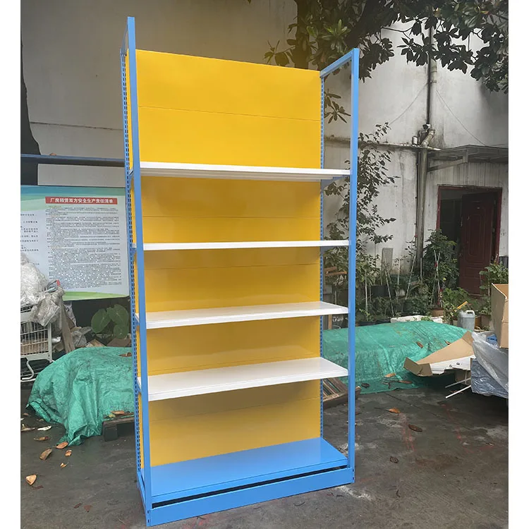 Factory Custom Size Color yellow gondola shelving supermarket shelf market exhibit wall shelf