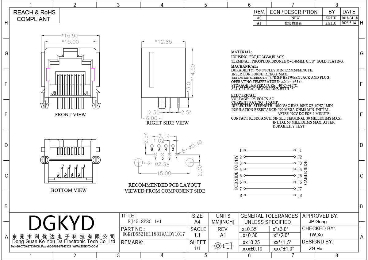 RJ45 All Plastic Ear Mesh Port Connector 8P8C Communication Interface DGKYD5521E1188IWA1DY1017