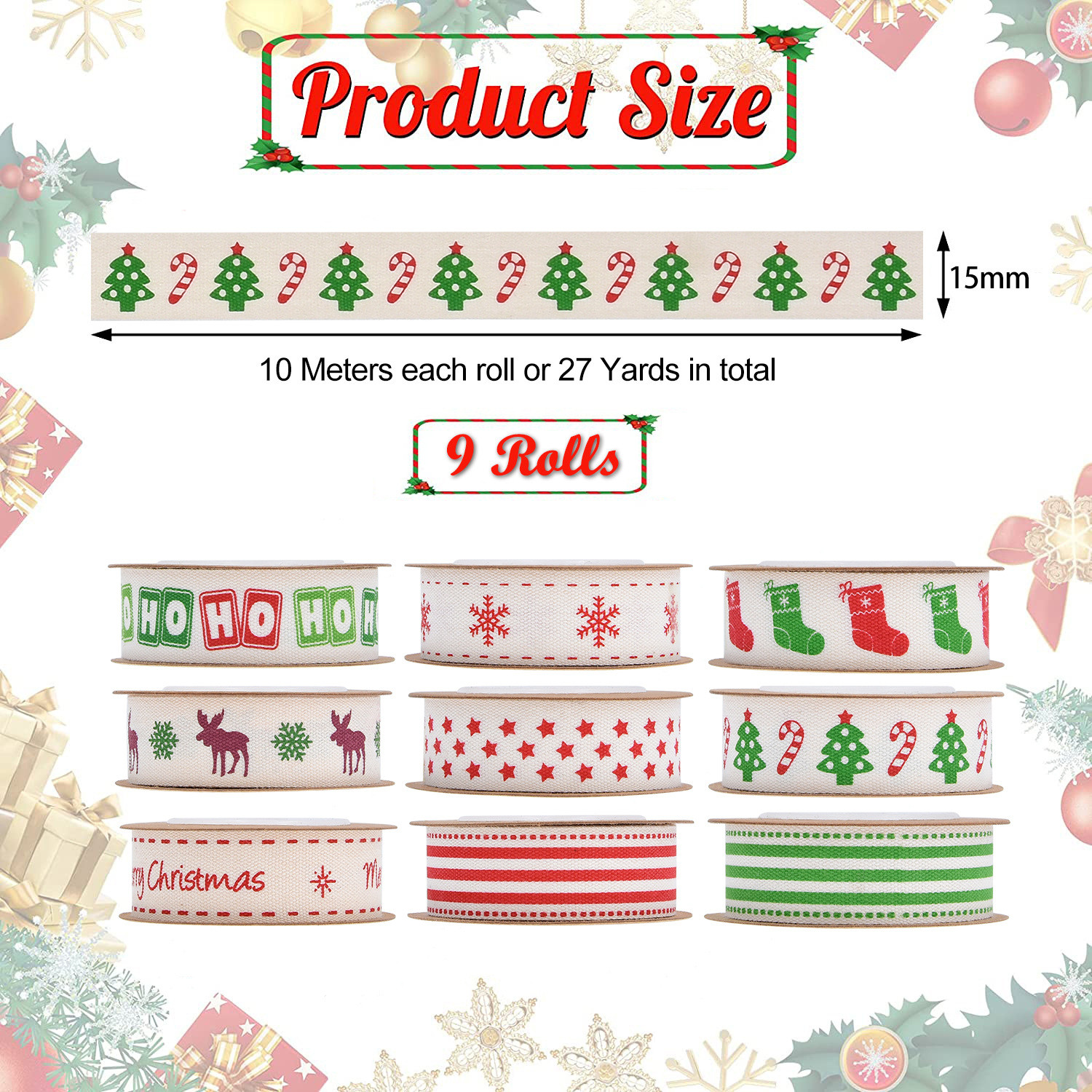 15mm*3y Christmas Gift Ribbon Printed White Cotton Ribbon For Presents