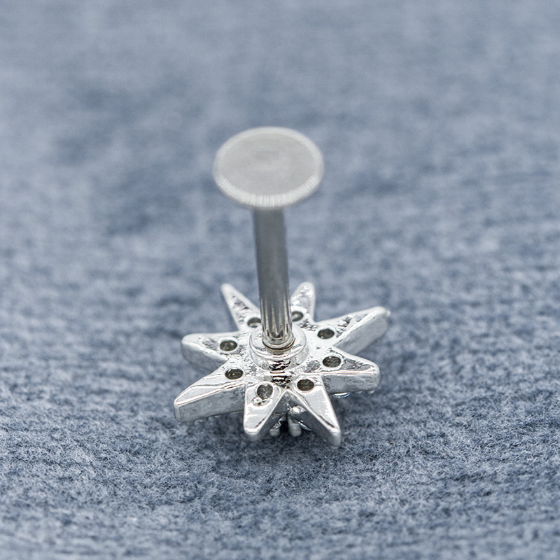 Flower Top 16G Labret Piercing Jewelry 8mm Clear Gems 316 Stainless Steel Bar