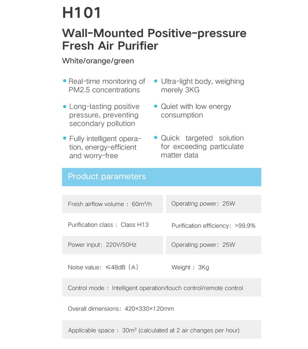 H101 Intelligent, Energy-Saving, Wall-Mounted Positivepressure Air Purifier with Fresh Air Supply