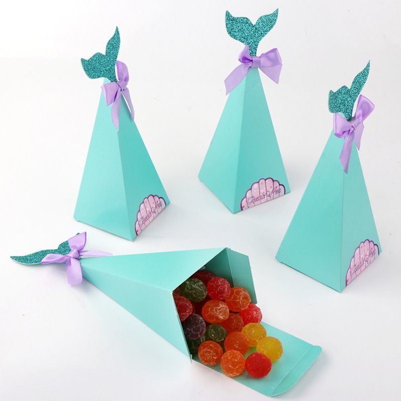 Mermaid Tail Paper Candy Box, Wedding Birthday Party Gift Boxes, Custom Logo Cookie Chocolate White Cardboard Carton Foldling Packaging Box with Ribbon