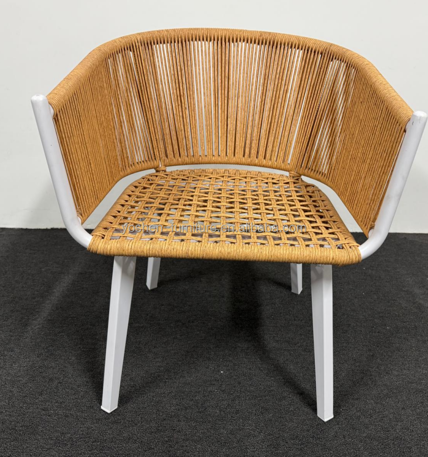 White Frame Light Beige Woven Rope Patio Chair for Outdoor Garden and Terrace