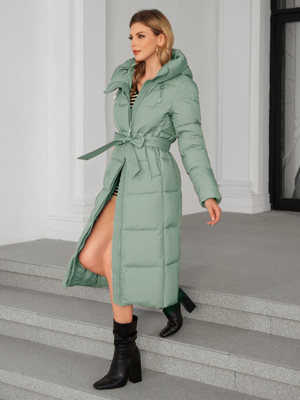 Bio Fluff Woman Coat Hooded Thickened Long Cotton Coat with Slanted Placket and Pleats Available in Multiple Size Options
