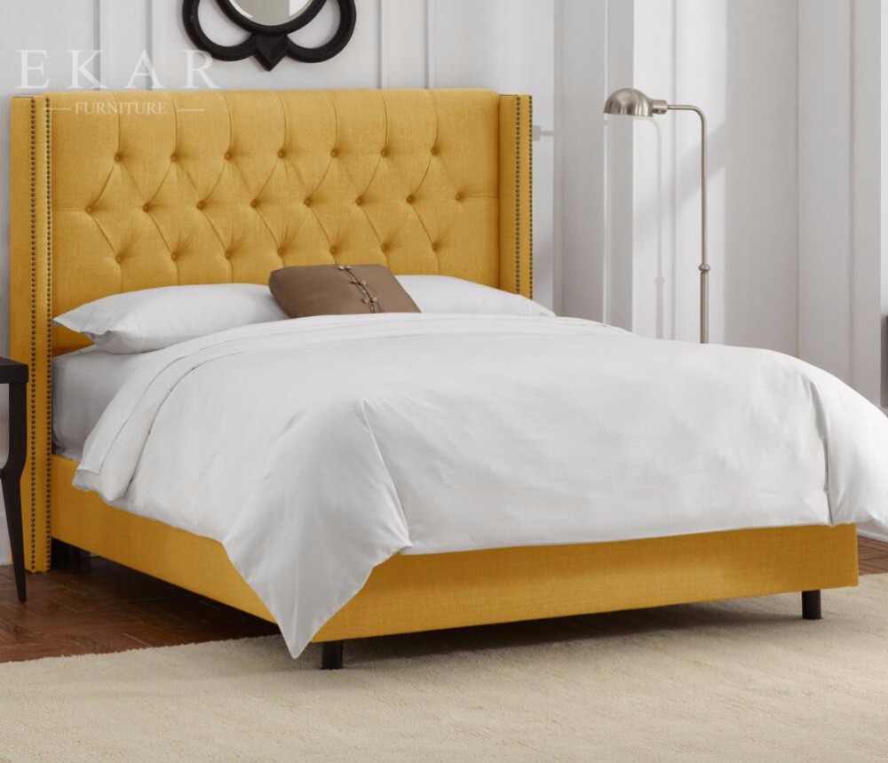 Bed Designer Furniture Simple White Wood King Size Tufted Headboard Bed