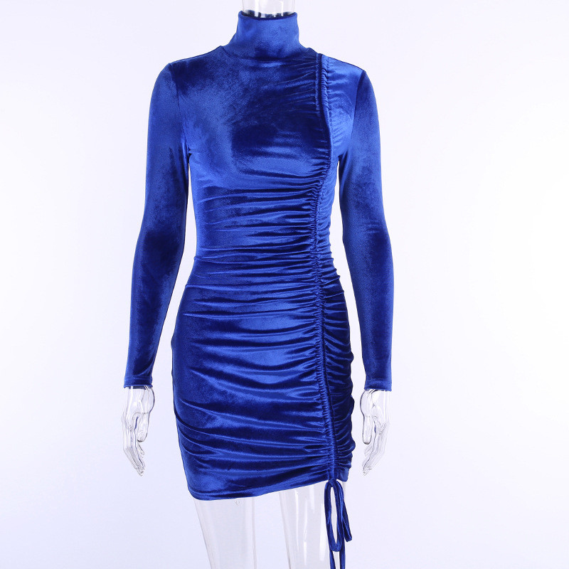 Autumn Winter Suede High Neck Long Sleeve Mini Dresses