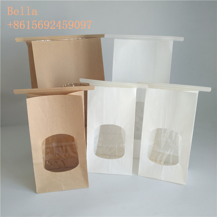 Square Block Customized Paper Bags Flat Bottom Window Kraft Paper For Coffee Bean