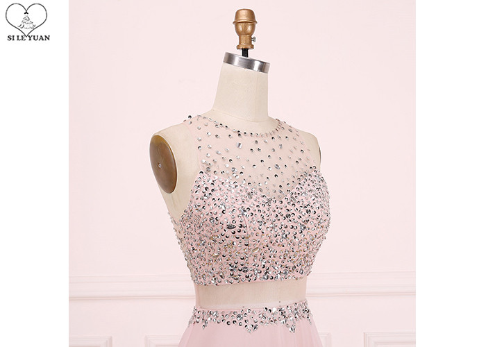 Sweep Train A Line Ball Gown , Beaded Chiffon Blush Pink Prom Dress Sleeveless