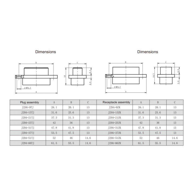 21 Pin Rectangular Electrical Connectors J29A Female Electrical Connectors J29A-21ZKP-50CM