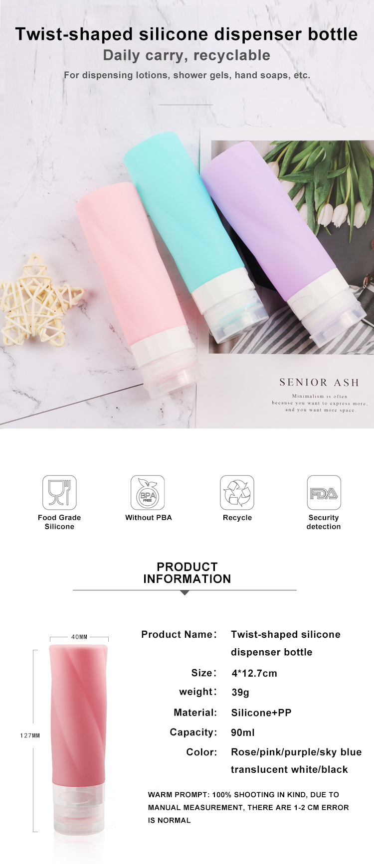 90 ML Silicone Travel hand sanitizer Bottles Set Shampoo Lotion Conditioner