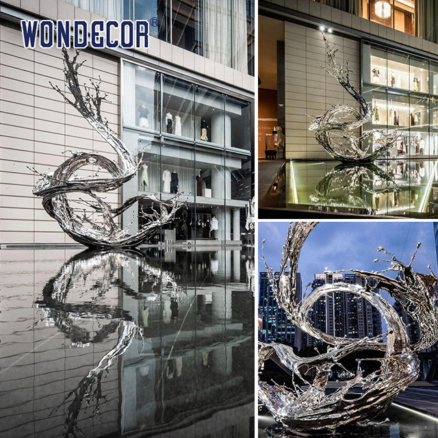 Large Scale Stainless Steel Sculpture Artists With Water Splashes In Outdoor Squares