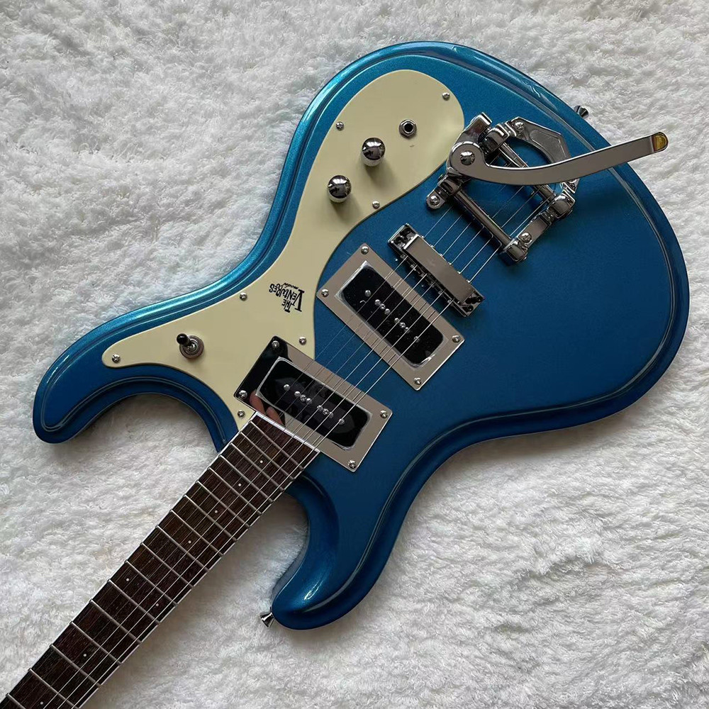 Custom 1966 Ventures Mosrite Zero Fret JRM Johnny Ramone Electric Guitar Tremolo Tailpiece in Blue Color