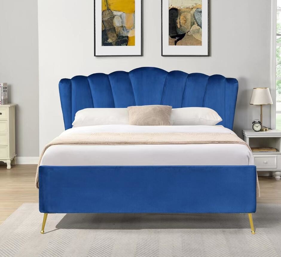 Blue Fabric Velvet Gas Lift Storage Bed With Four Golden Feet