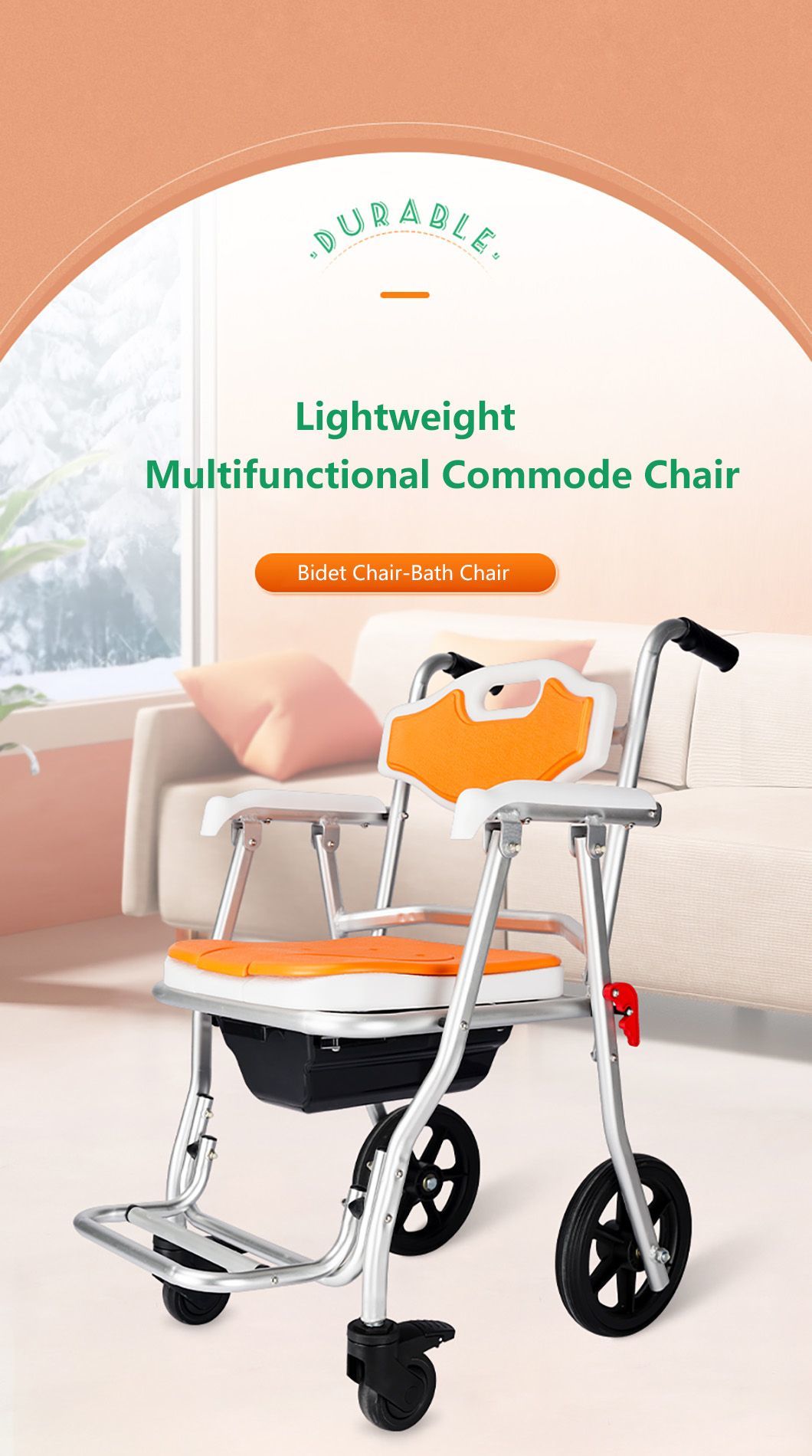 Toilet Safety Chair for Elderly and Disabled Aluminium Mobile Bathroom Chair with Wheels