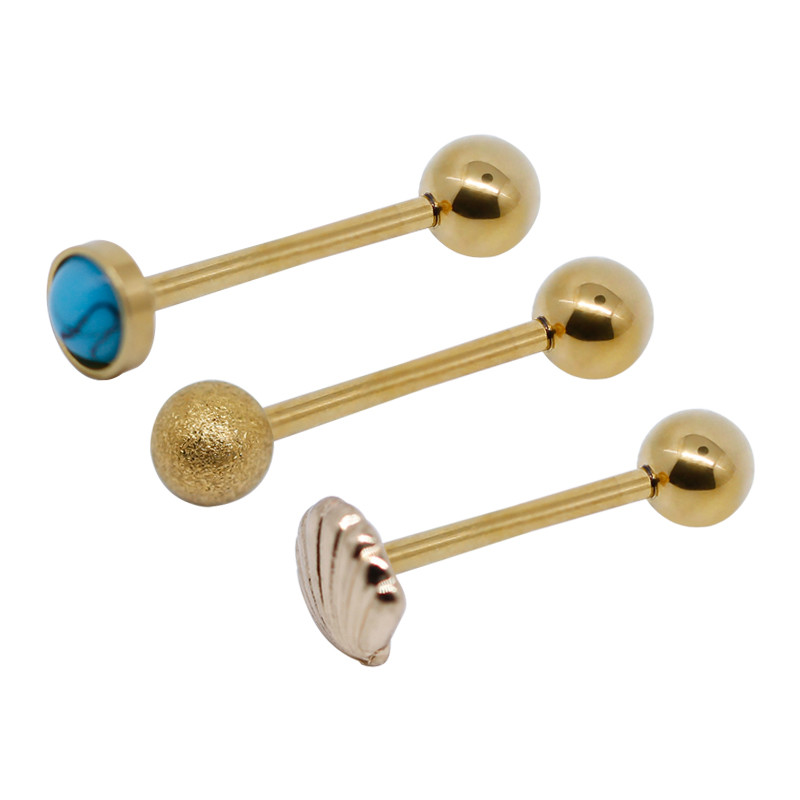 Blue Turquoise Stone Swallowing Tongue Ring Barbell Golden 16mm
