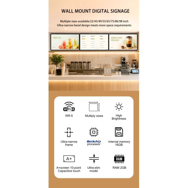 55 Inch Slim Bezel Android OS Advertising Display Screen WiFi Networked Digital Signage Wall Mounted Video Player for Retail