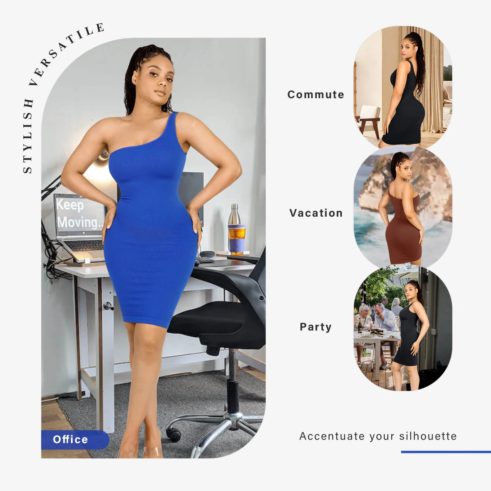 Autumn One-Shoulder Slanted Neck Bodycon Midi Blue Dresses For Women With Body Shaper