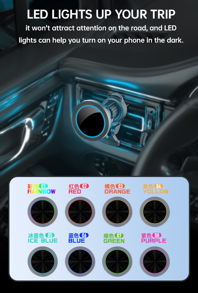 Aluminium Alloy Texture Car Phone Holder For Iphone 15 Pro Max Charger With RGB Light Effect And Adjustable Minimum