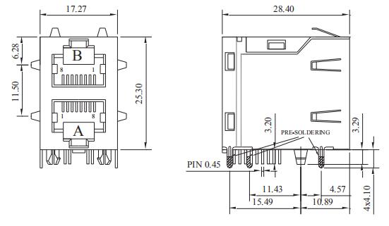 ARJ21A-MCSC-MU2 10/100 Base-TX RJ45 Stackable 2x1 Connector without LEDs
