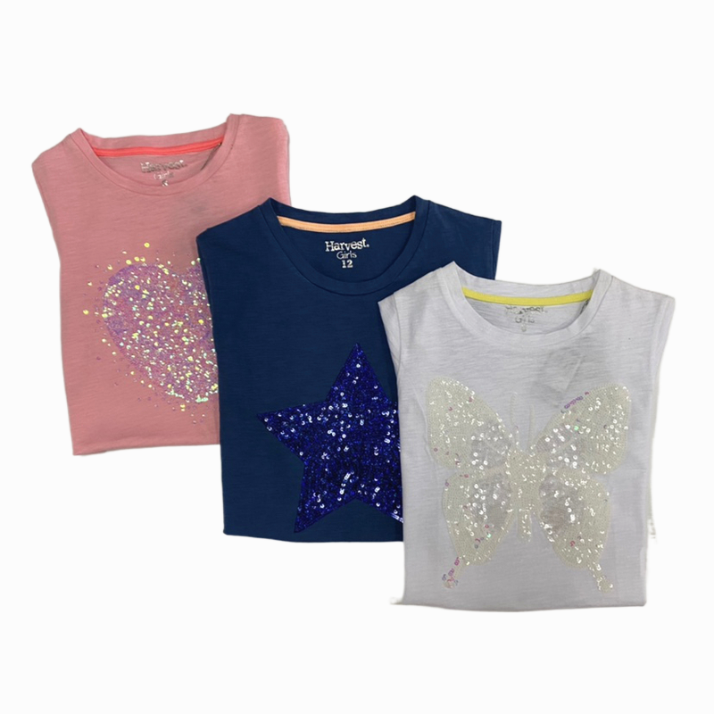 100% Combed Cotton Girl's Beaded Embroidered Short Sleeve Summer T-Shirt Slub Jersey