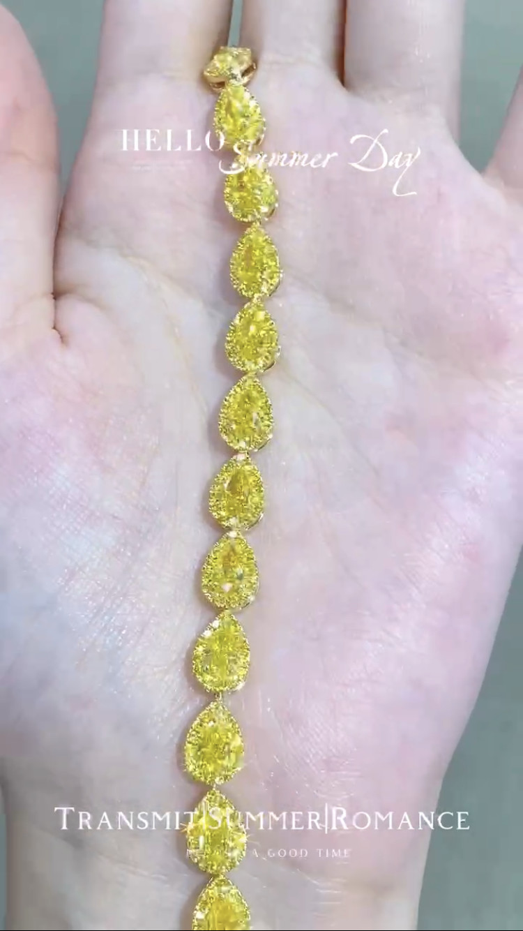 Pear Cut Yellow Diamond Tennis Bracelet VS Clarity T13.68ct 18k White Gold Ring