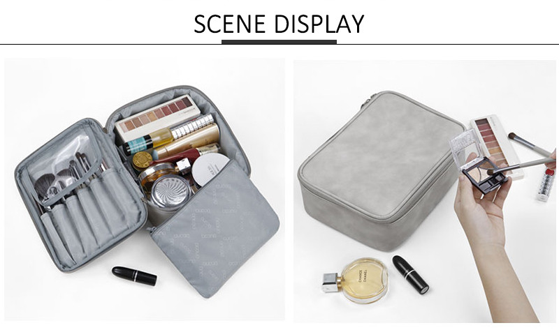 Women Suede Surface PU Make Up Vanity Bag Case Double Zippers