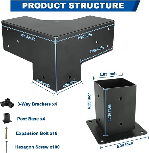 3-Way Right Angle Corner Bracket for 4 x 4 Inch Pressure Treated Wood Beams and Durable