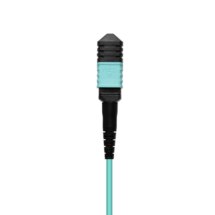MPO-LC Fiber Optic Patch Cord 8 Core Aqua Round Bundle OM3 PVC LSZH 3.0mm