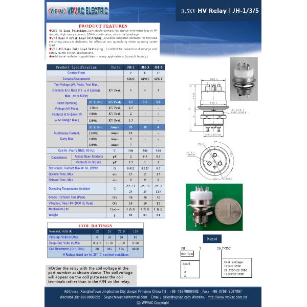 High Voltage DC5KV 25A Current Vacuum Relay Switch SPDT RF Application Ceramic Small Volume