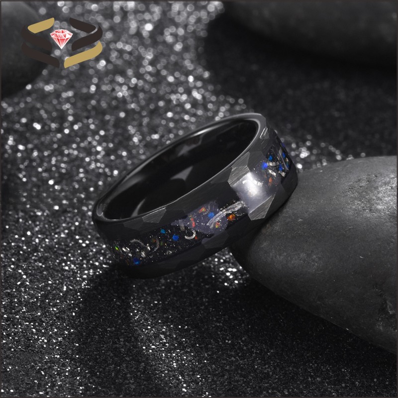Anniversary Gift Black Hammered Tungsten Ring 8mm With Opal And Meteorite Inlay