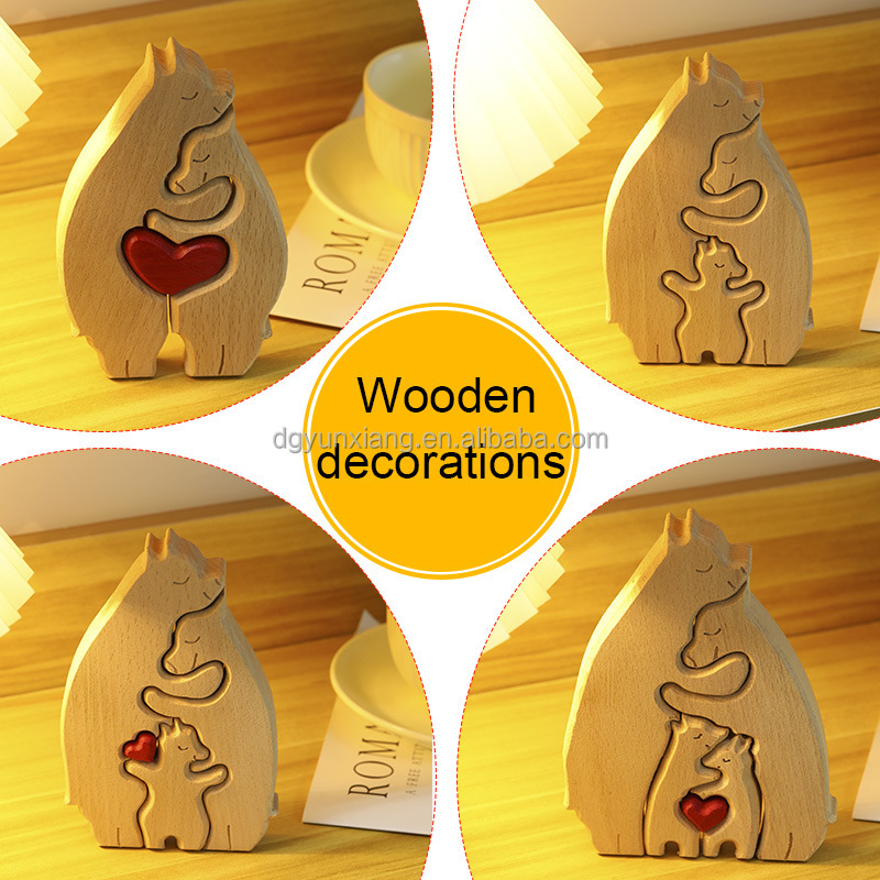 Customize Heart-shaped Solid Wood Decoration Crafts Mother's Day Gift Wood Animal Bear Family Elephant Ornaments